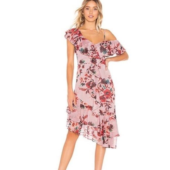 Lovers + Friends Stacey Ruffle Midi Dress Pink Red Floral Asymmetric Small NWT - Picture 1 of 15